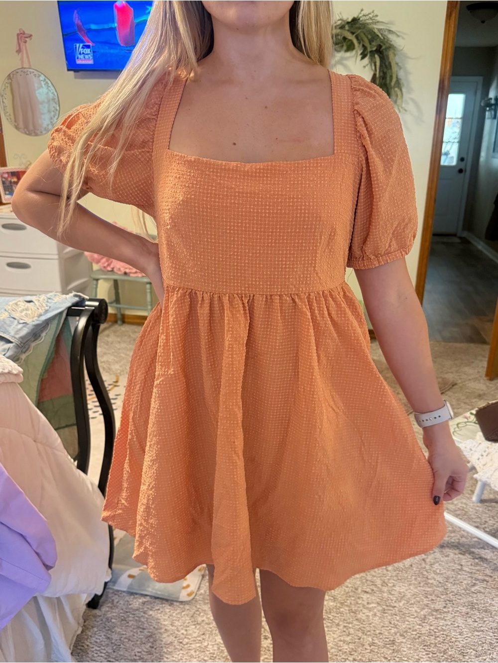Square-Neck Puff Sleeve Mini Dress in Peach